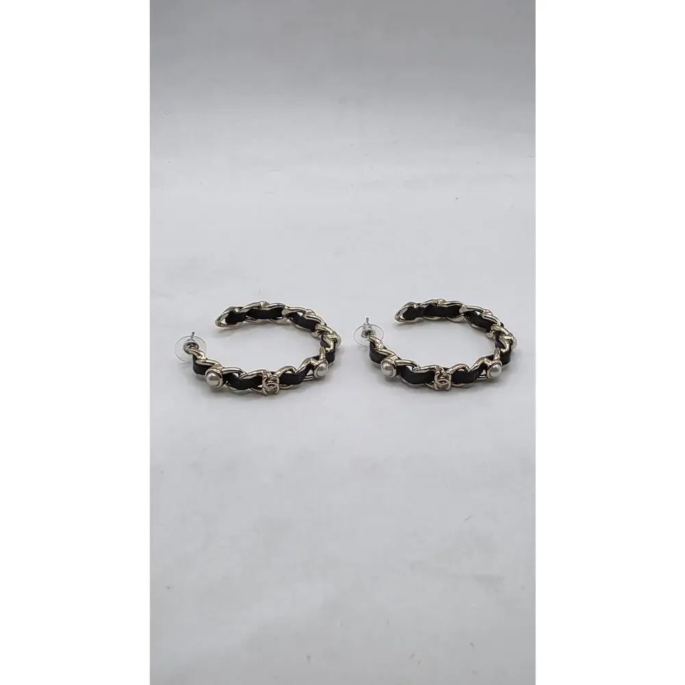 Chanel 2019 Faux Pearl Leather Interlocking CC Hoop Earrings